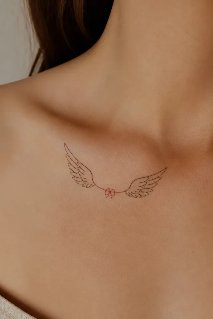 A small tattoo on the upper chest or collarbone: two minimal wing outlines in fine black ink. The lines are clean and mostly unshaded. A single thin red thread-like line wraps across the base of the wings and forms a small knot.