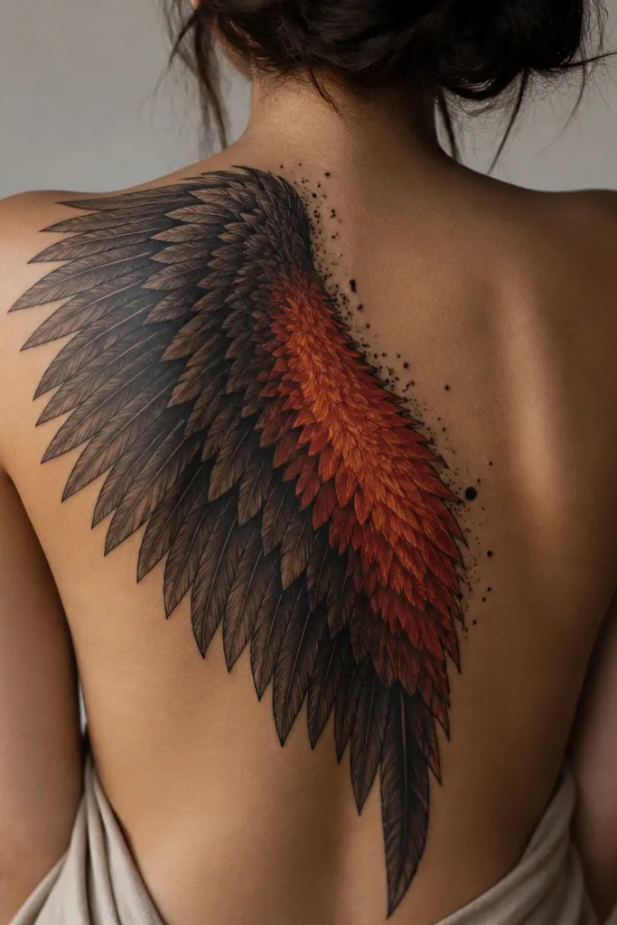 A half back tattoo with charcoal outer feathers outlined in black and shaded dark gray. The inner wing has a color-blocked ember section: smoky orange and muted red gradient that sits in a defined shape. A few black ink "ember sparks" dot the border.