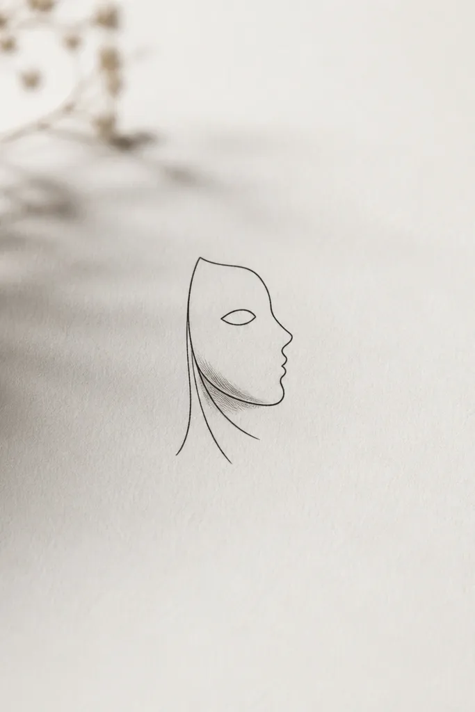 A tiny side-profile mask outline with a smooth black contour, one eye opening, and a few short veil lines under the chin area. Light black-gray shading sits under the cheek curve.