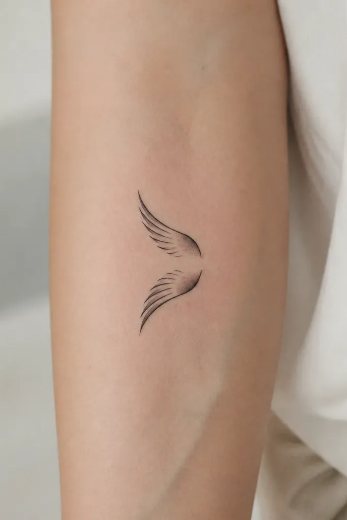 Two small wing arcs, one above the other, like mirrored strokes. Each wing has a few feather-like lines etched in black, with thin gray gradients at the base.
