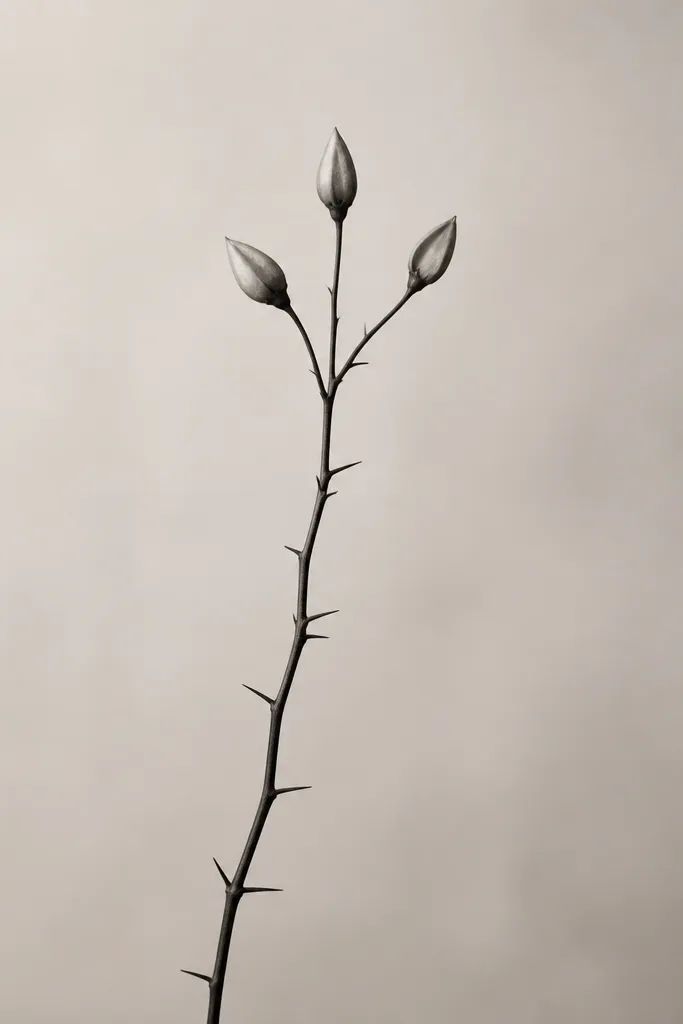 A short vertical thorn vine with three small blossom buds at the top. Thorns are fine black lines; blossoms are tiny teardrop shapes with light gray shading.