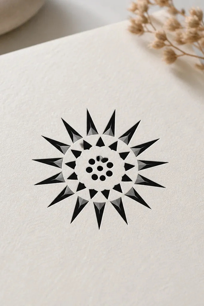 A compact starburst with three concentric tiers: outer sharp points, a middle ring with small cutouts, and an inner dot cluster. All in black with minimal gray at the outer tier base.