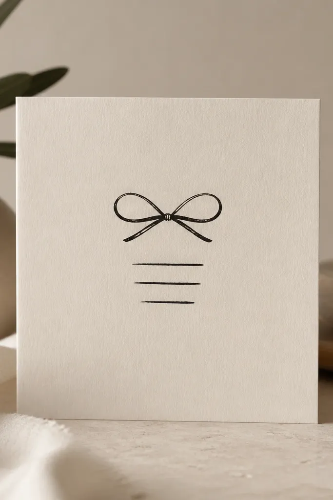 A small ribbon knot drawn in black with two loops and a tight center knot. Under the knot, there are three short horizontal bars meant to hint at script without readable words.