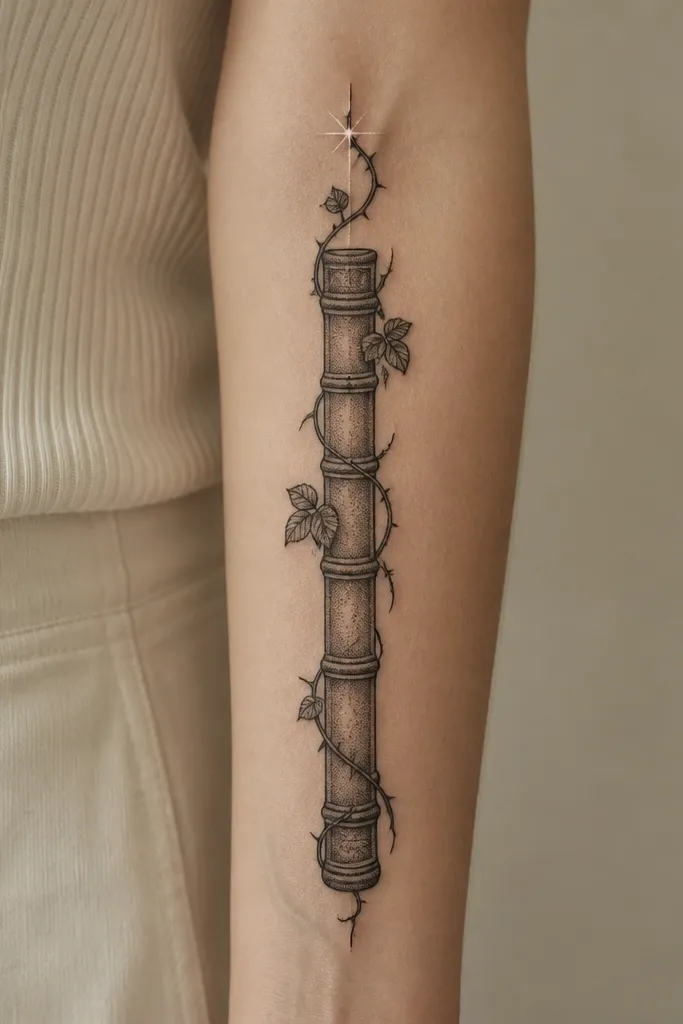 A narrow vertical tattoo on the forearm that looks like a book spine. Thin vine lines wrap upward, with small leaf clusters at intervals. At the top, there is one bright spark highlight near a thorny curl. Mostly black linework with soft stipple shading, minimal white ink.