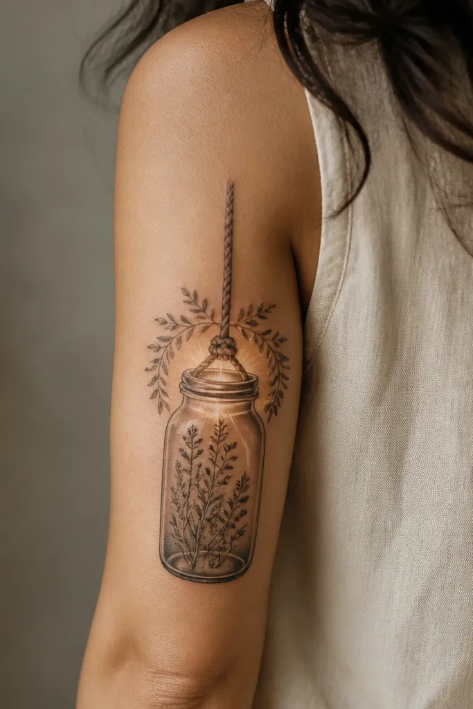 A back-of-upper-arm tattoo showing a hanging jar with a rope top. Inside the jar are herb stems and small leaves. Around the jar opening sits a soft halo made of leaf shapes. There's a faint light glow at the jar rim with a few pale highlight strokes.