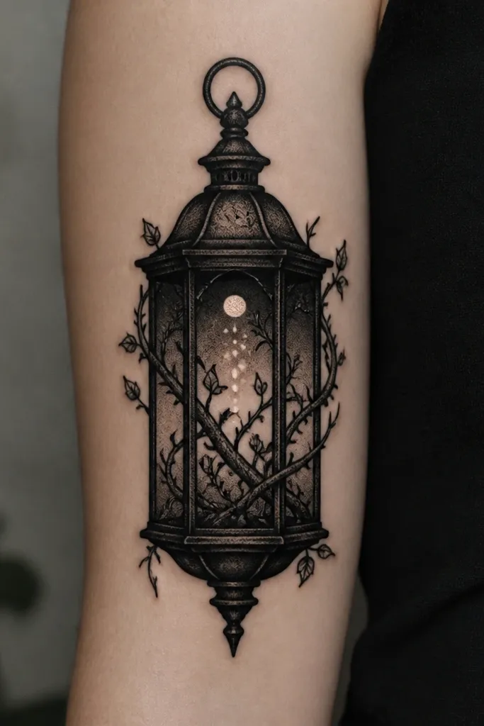 A forearm or upper arm tattoo with a lantern cage outline. Inside the cage are thorny vines and small leaf tips. Several tiny light dots float in the lantern center, with one slightly larger pale dot near the top. Strong blackwork lines with dense shading in the cage shadows.