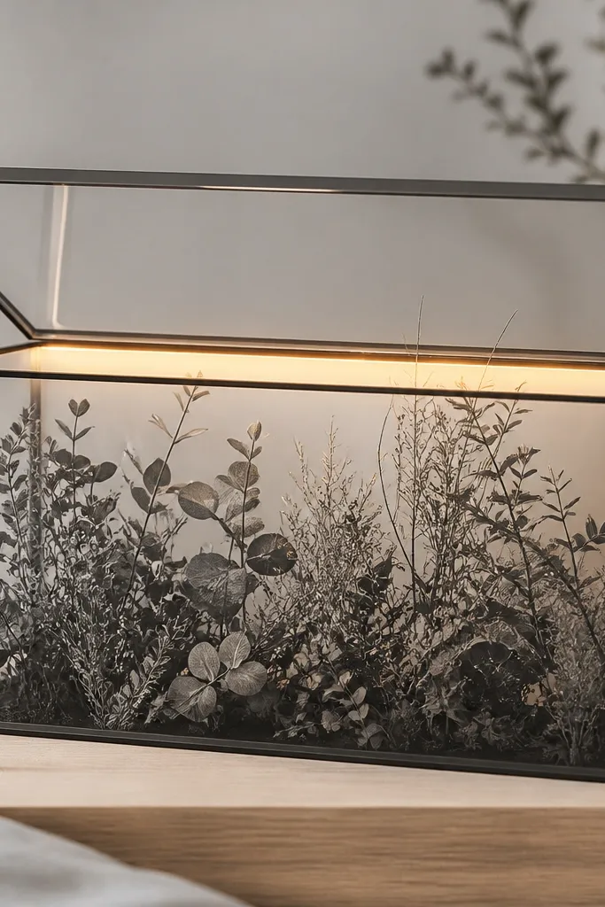 A clean rectangular terrarium box with a hinged top lid. Inside are layered plant stems and small leaves, drawn in black and gray. The top lid has a soft glow line along its edge, like warm light spilling out. The glow is done with a gentle gradient and a couple faint highlight streaks.