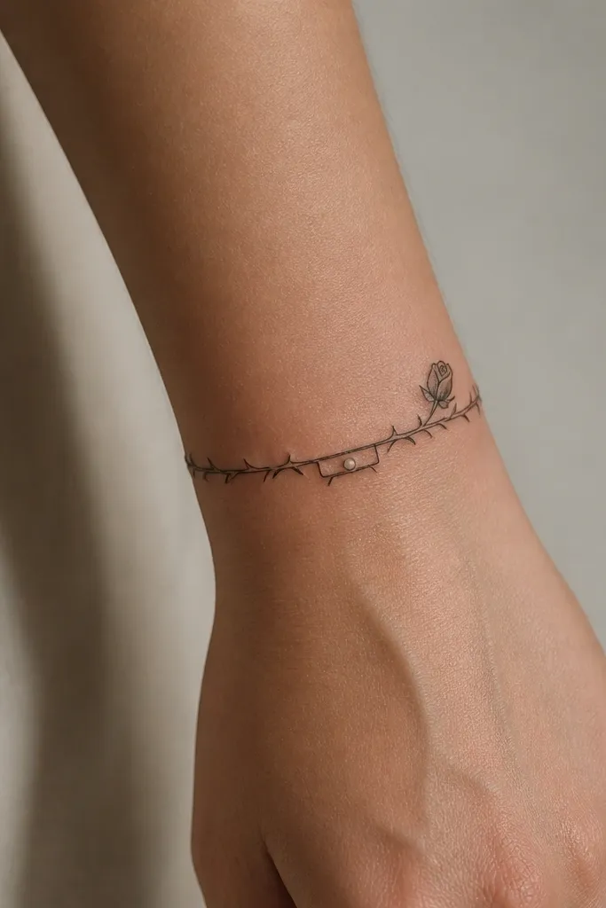 A wrist-to-lower-forearm bracelet tattoo. It wraps around like a thin band. Small rose thorns run along the band, with one rose bud near the outer side. There's a tiny storage tab at the center - like a drawer pull - drawn in the same line style. Minimal white highlight on the tab.