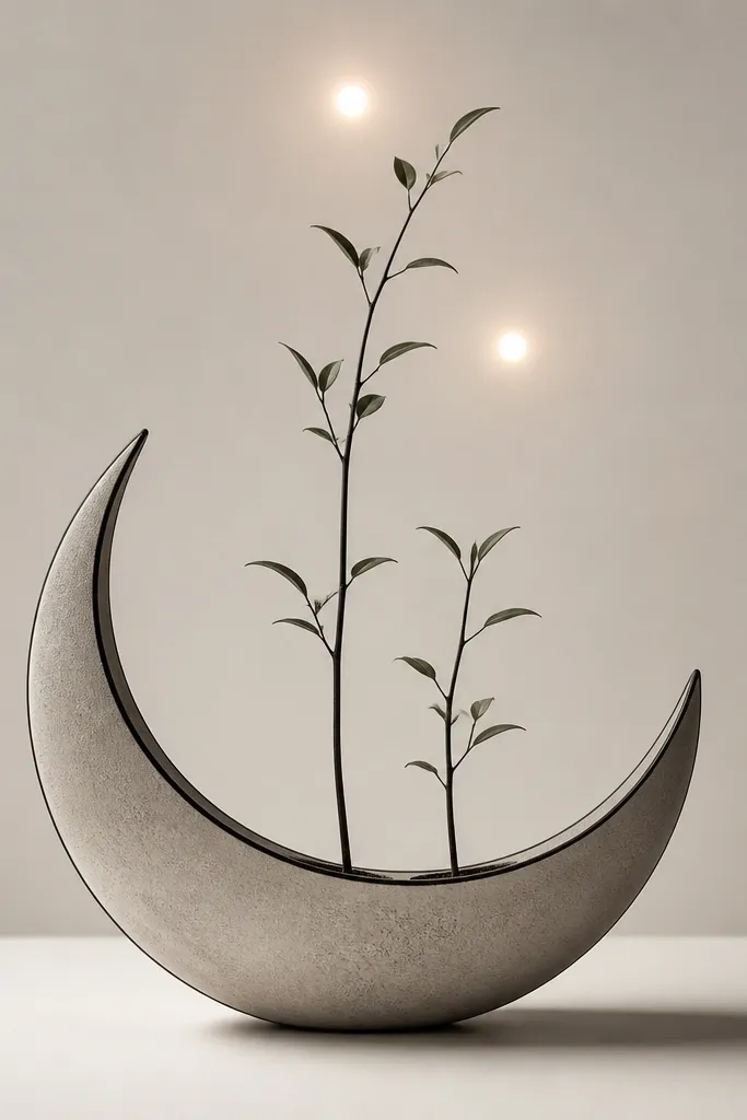 A crescent-shaped planter drawn like a half-moon. From the planter edge, two plant stems rise - one longer, one shorter - with small leaves. Two pale highlight points sit above the stems like light sources. Black outlines, soft gray shading, and clean negative space inside the crescent.