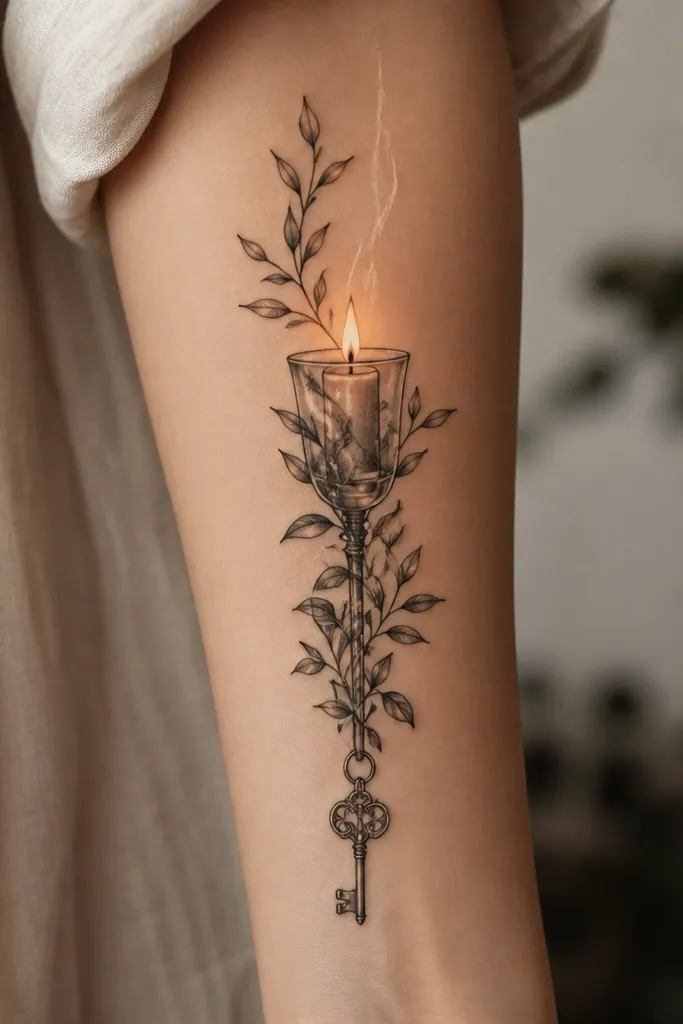A vertical tattoo showing a candle-glass shape with leaves spilling upward around it. At the bottom hangs a small drawer key charm - like a tiny key attached to a ring. There is a warm glow at the candle top with a few pale streaks. Black linework with gray shading and small white highlights on the glass rim and wick area.