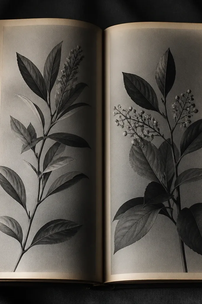 A tall rectangle like an open book. Inside are plant stems and leaves drawn like page illustrations. Along the page edges are thin light-margin lines - pale highlights that look like candlelight reflecting off paper. Black and gray shading with minimal white accents.