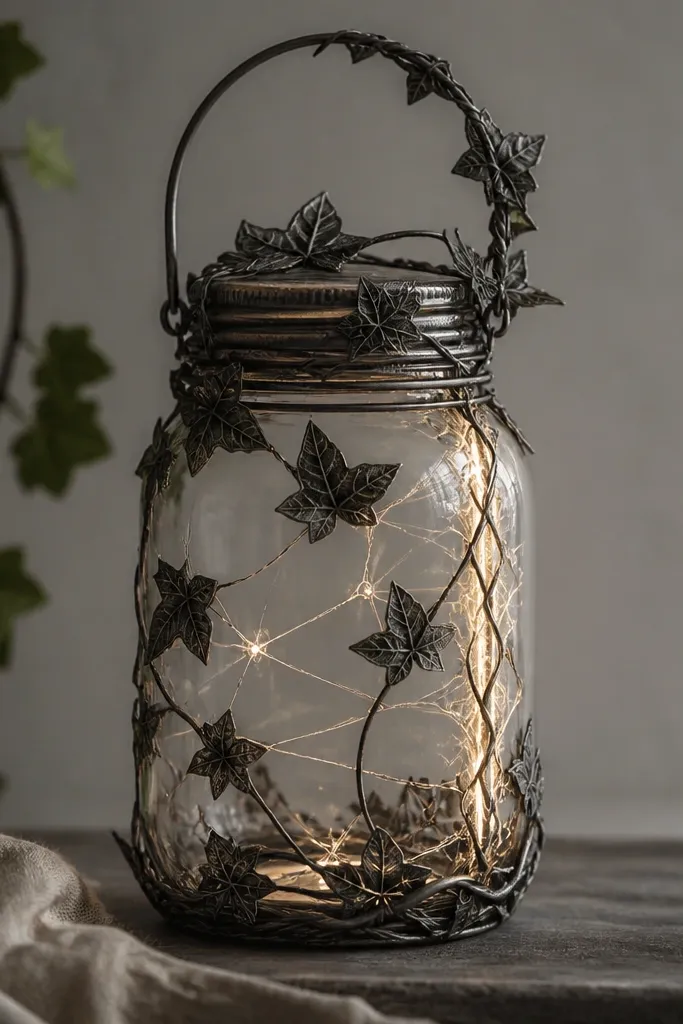 A jar-shaped lantern with ivy knots wrapping around it like rope. Thin thread-like lines connect ivy sections. A glow effect runs along one side like light threaded through the jar. Blackwork outlines with gray shading, and pale glow accents on the thread lines.