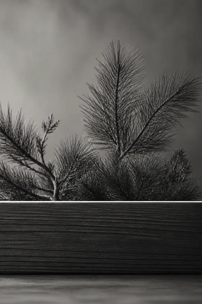 A small rectangular cedar-like box with simple wood grain lines. From the top edge, pine tips and a few small branches rise upward. A soft rim light wraps the top edge of the box, done with a pale gradient line. Mostly black and gray with a small amount of white for the rim highlight.