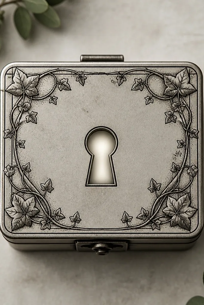 A lockbox outline with a keyhole in the center. Vines lace around the box edges, with small leaves at corners. The keyhole has a glow effect inside - pale gray-white shading that looks like light behind the metal. Black outlines with stipple shading around the vines.