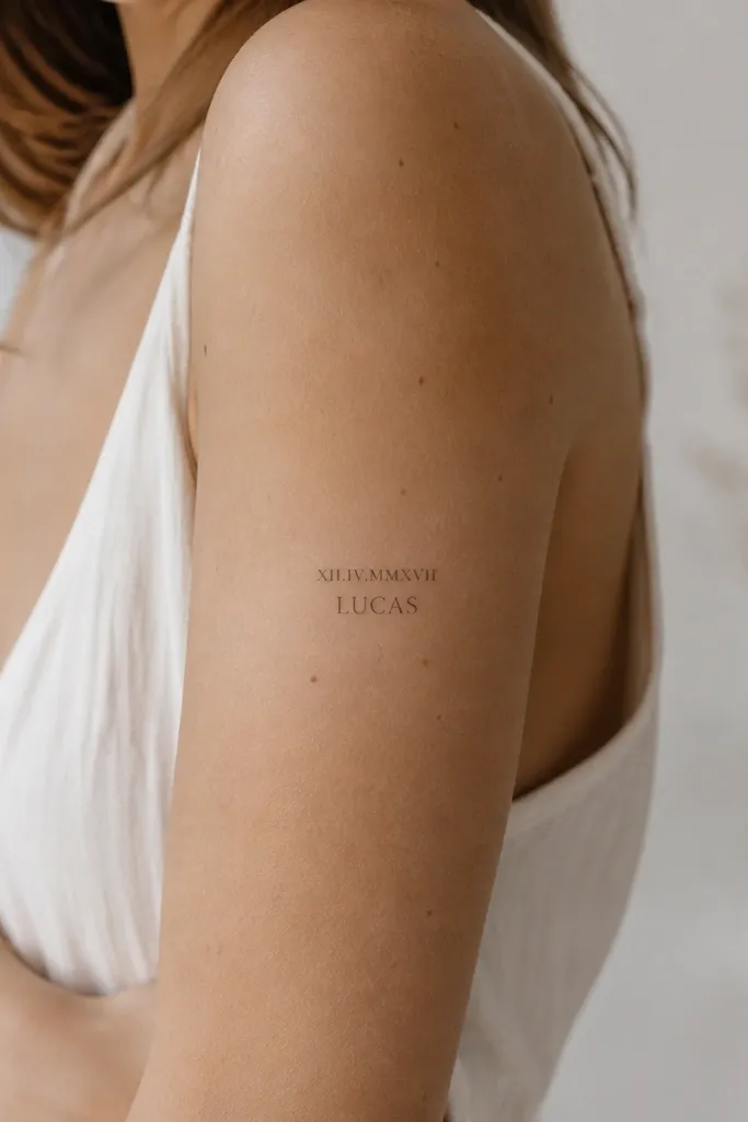 A small Roman numeral date sits above a name in a delicate serif font on the outer upper arm, with clean straight strokes and thin serifs.