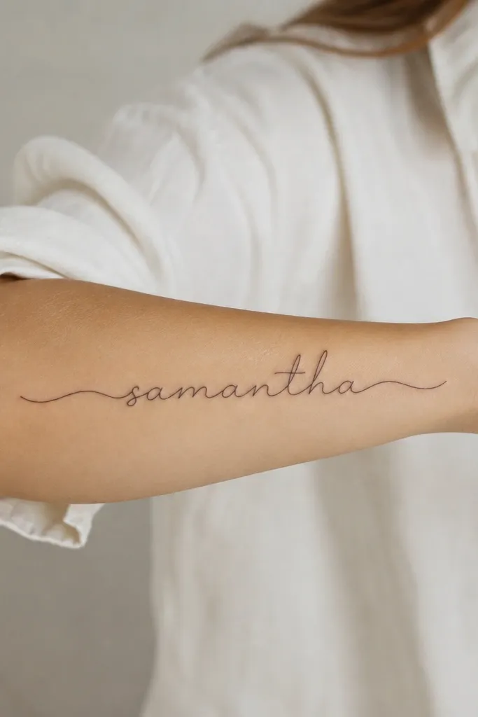 A single continuous line forms the letters of a name across the forearm, with no gaps between letters, and the line thickness stays consistent.