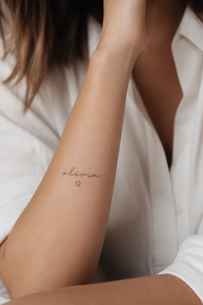 A thin cursive name on the inner forearm with a tiny five-point star placed exactly below the first vowel, in the same black ink line weight.