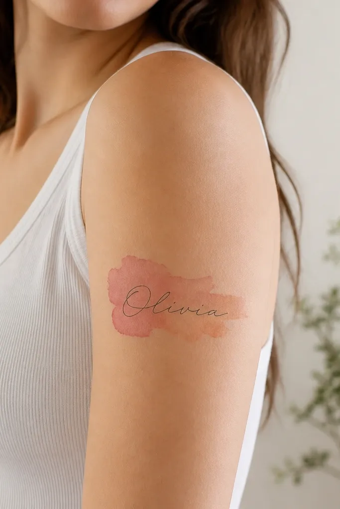 A black cursive name sits in front of a soft watercolor wash that fades from dusty rose to pale peach behind it on the upper arm.