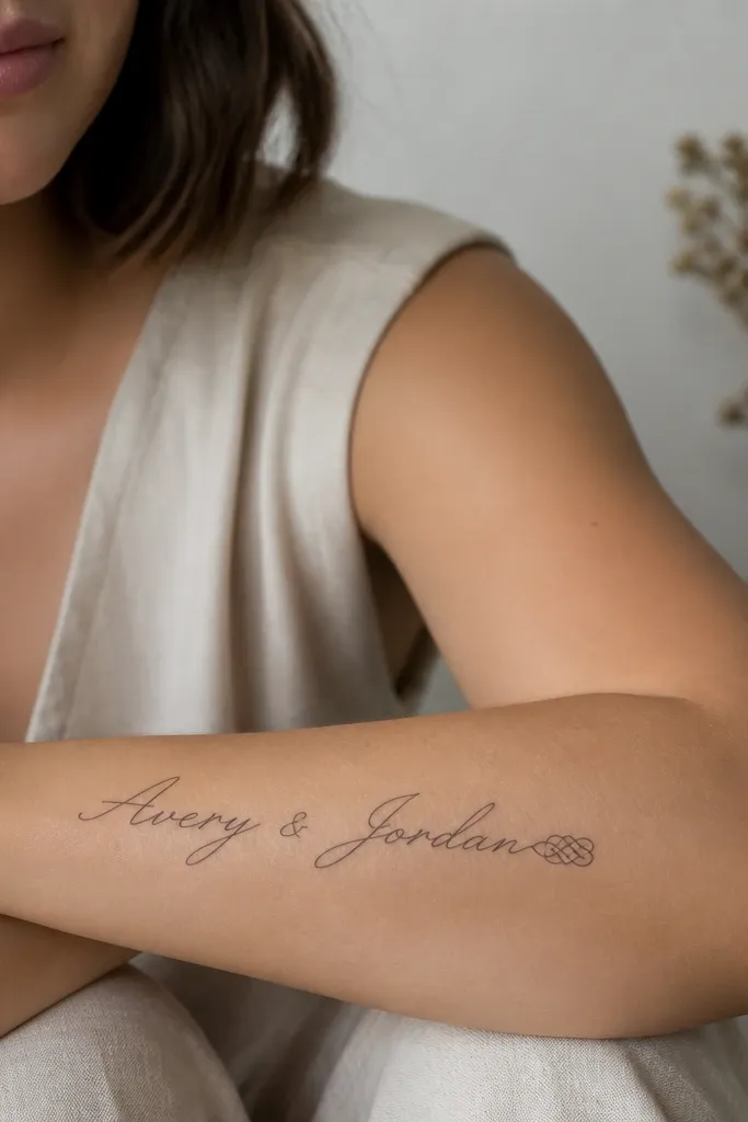 An italic script name with a decorative ampersand that looks like a small braided knot at the end, placed on the outer forearm.