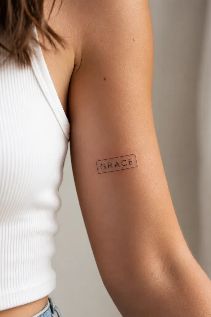 A compact name in neat block letters sits inside a thin rectangular border on the inner upper arm, with small spacing between letters.