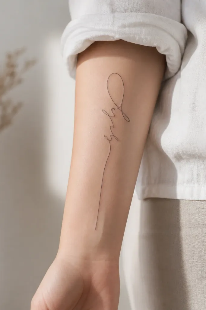 A calligraphy-style name with looped letters, where one letter has a long descender that reaches toward the wrist, on the inner forearm.