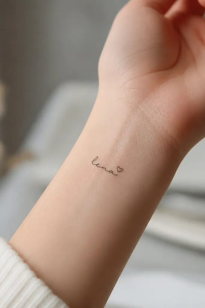 A tiny black name on the inner wrist with a small heart shape made from negative space as a dot above the last letter.