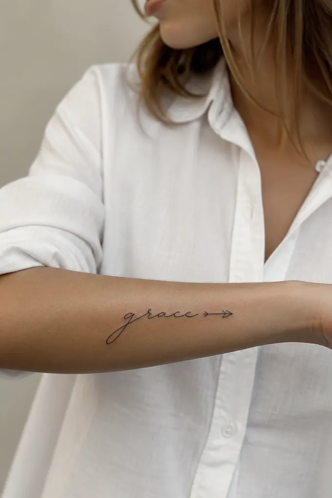 A flowing script name on the outer forearm with a small geometric arrow pointing to the last letter, in black ink with straight edges.