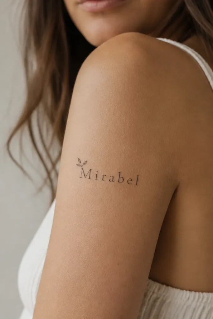 A name in thin serif type on the outer upper arm with a single tiny leaf sprouting from the first letter, black ink only.