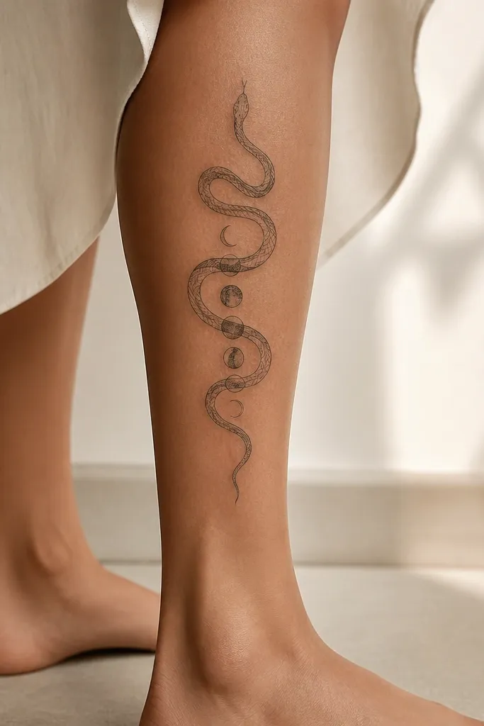 A slender snake wrapped around the back calf vertically, drawn in fine linework; small moon phase symbols (crescent, half, full) appear along the spine of the snake.