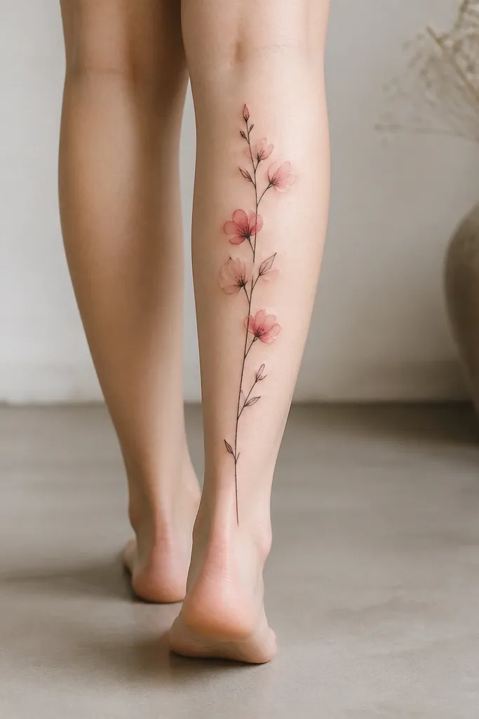 A single long stem running up the back calf with small leaves and flowers; the flower petals have soft watercolor-like fades at the edges while the stem is clean black linework.