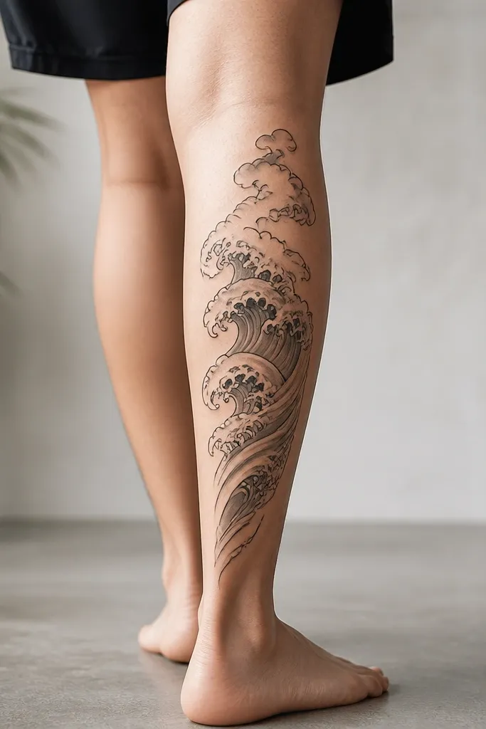A flowing wave ribbon running vertically on the back calf with small cloud-like swirls above it; the wave has crisp black outlines and controlled gray shading.