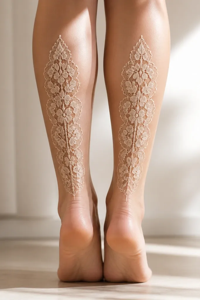 A vertical lace panel design on the back calf with scalloped edges, floral lace motifs, and small connecting dots between loops.