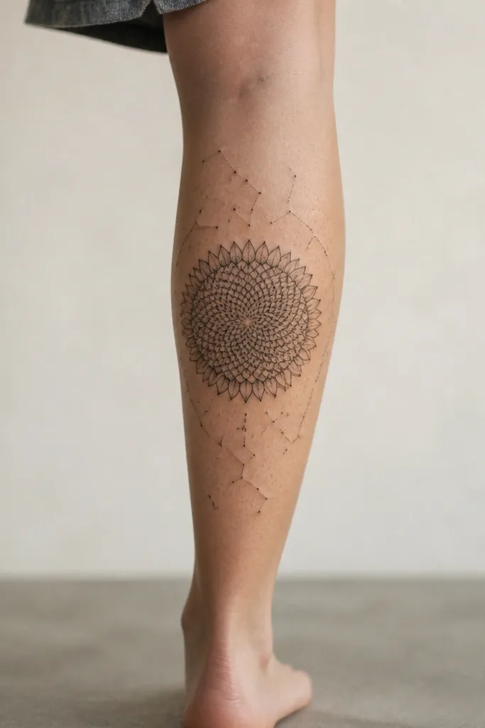 A sunflower seed head on the back calf with spiraling seed lines; scattered tiny dot constellations sit around the seed head.