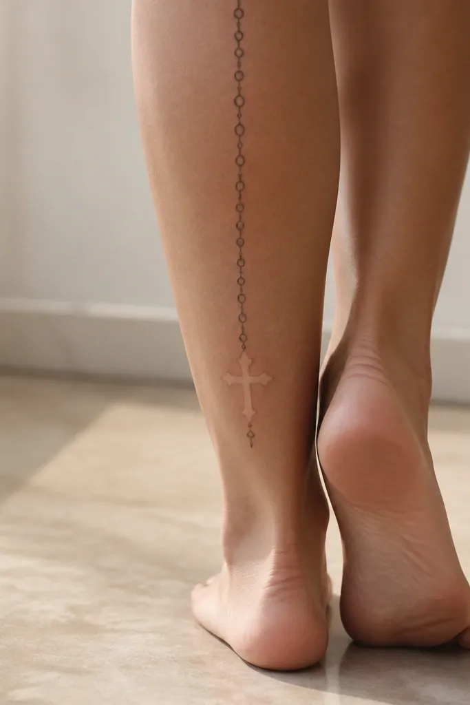 A micro rosary-style chain running down the back calf with small linked ovals; one larger cross shape is left mostly as negative space near the lower half.