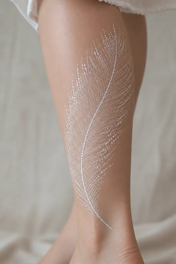 A feather spanning diagonally across the back calf with fine barbs; the feather veins and edges are highlighted with small dot clusters that look like porcelain white.