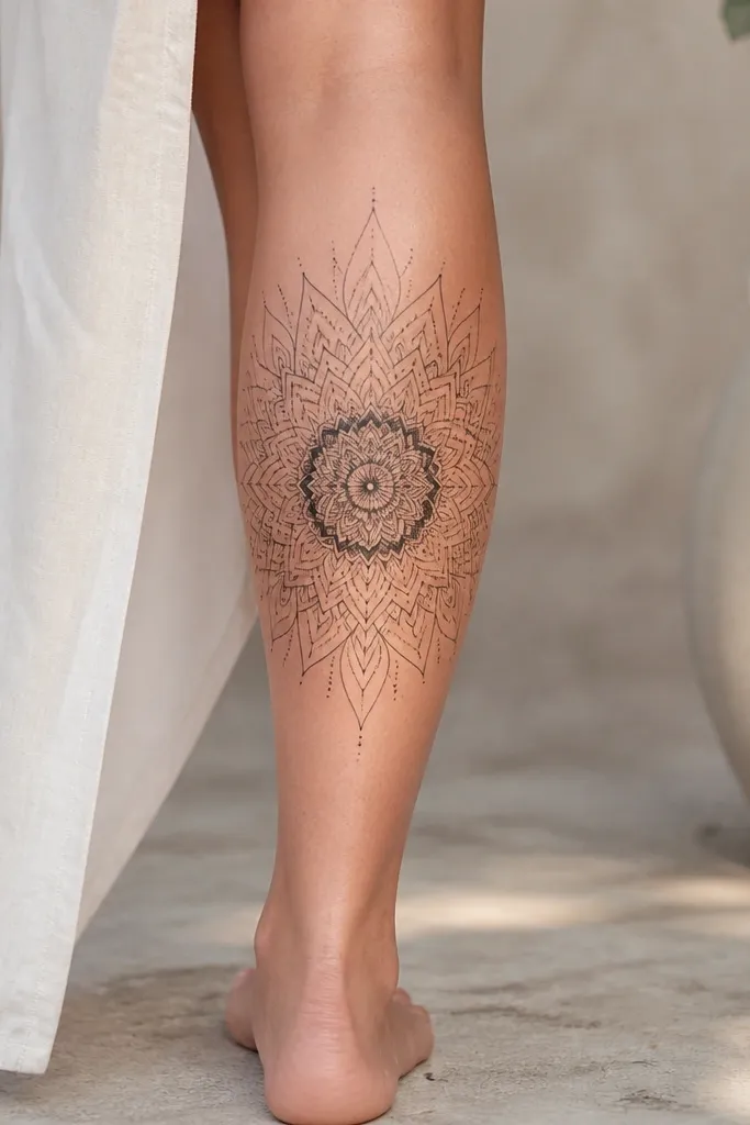 A mandala centered on the back calf with a starburst outer pattern; only one ring near the center is densely shaded, while the rest is open linework.