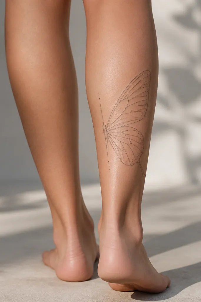 A butterfly wing outline on the back calf with micro-contour lines inside the wing; the body is a thin line with tiny dot accents.