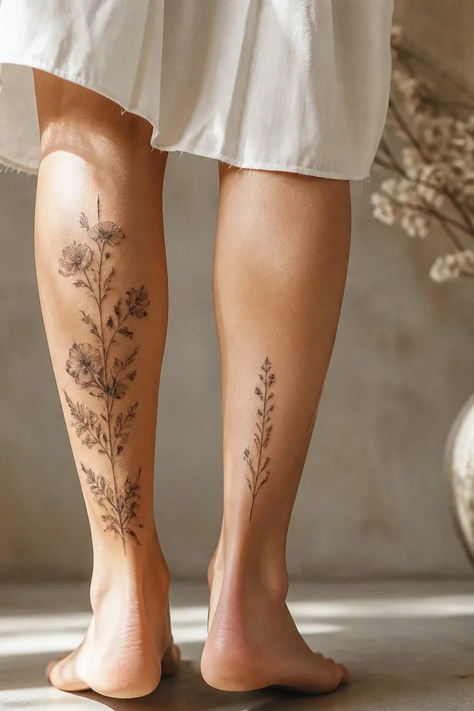 Back calf tattoos for women with stylish detail