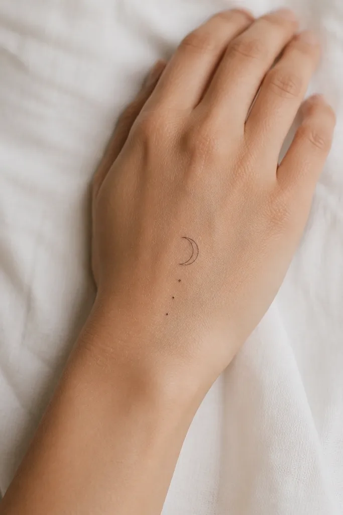 A thin crescent moon outline on the back of the hand with three small dots trailing downward toward the wrist, all in fine black ink.