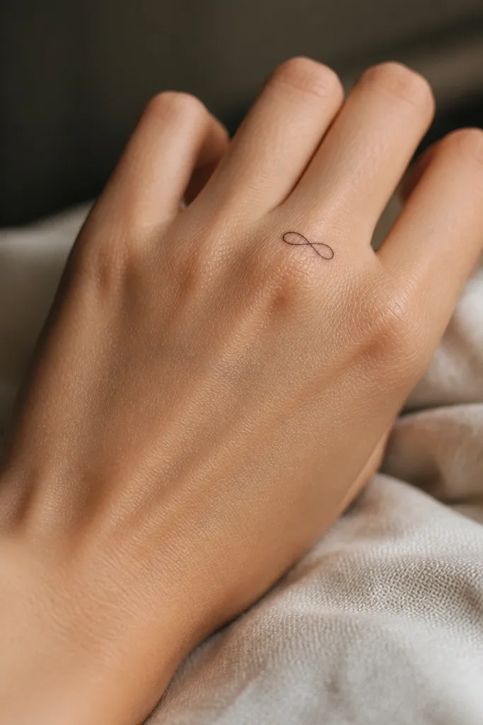 A very small horizontal infinity symbol on the back of the hand, drawn with one continuous thin line, positioned between the index and middle knuckles.