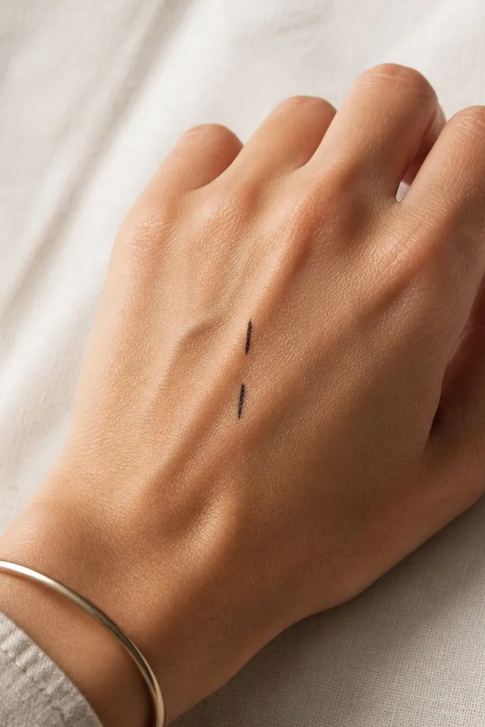 Two short vertical black dashes on the back of the hand, separated by a small gap, aligned in a straight column near the center of the hand.