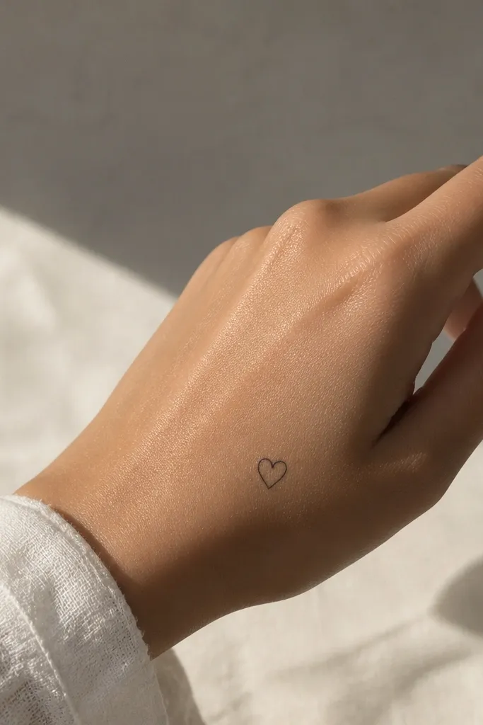 A small thin black heart outline on the back of the hand, positioned closer to the wrist side, with no fill and a pointed bottom.