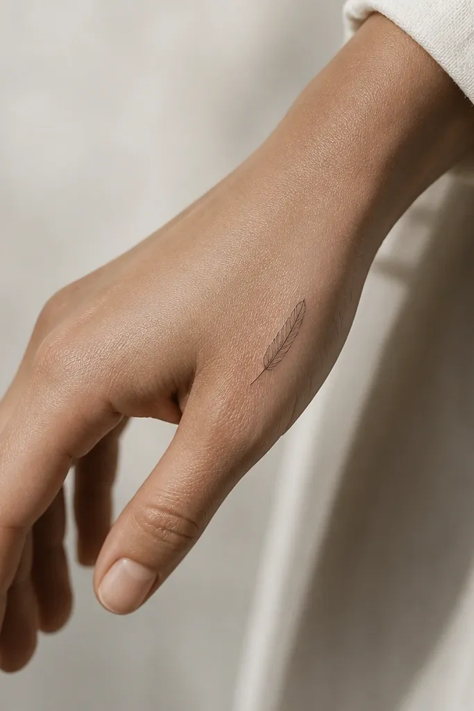 A small feather tip drawn in thin black lines along the outer edge of the back of the hand, with a simple central stem and a few short side barbs.