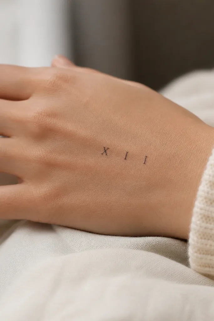 A small set of Roman numerals in thin black ink on the back of the hand, with generous spacing between characters and no embellishments.