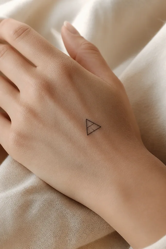 A small outlined triangle on the back of the hand with one thin line inside, forming a simple geometric look in black ink.