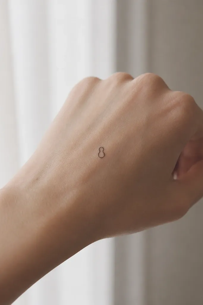 A tiny keyhole icon on the back of the hand, drawn in thin black lines with a small circle at the bottom and a narrow neck above.