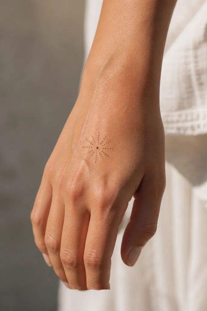 A tiny sunburst made only of evenly spaced dots on the back of the hand, with a small central dot and surrounding dots arranged like rays.