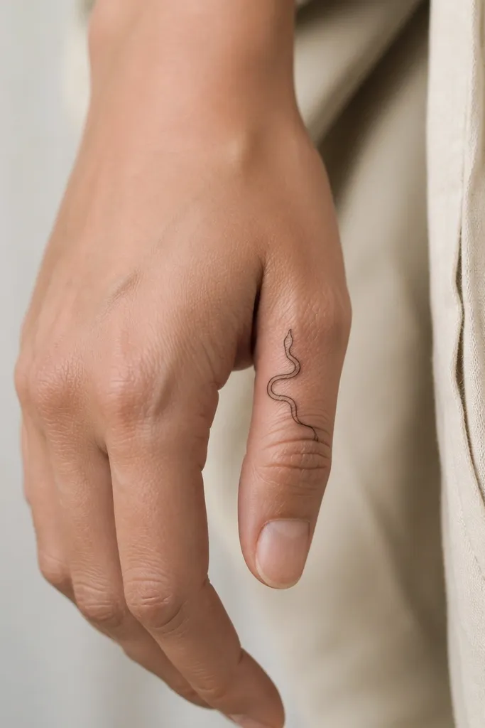 A thin black serpent-like line that curves around a small section near the pinky side knuckle, with a simple head curve and no scales.