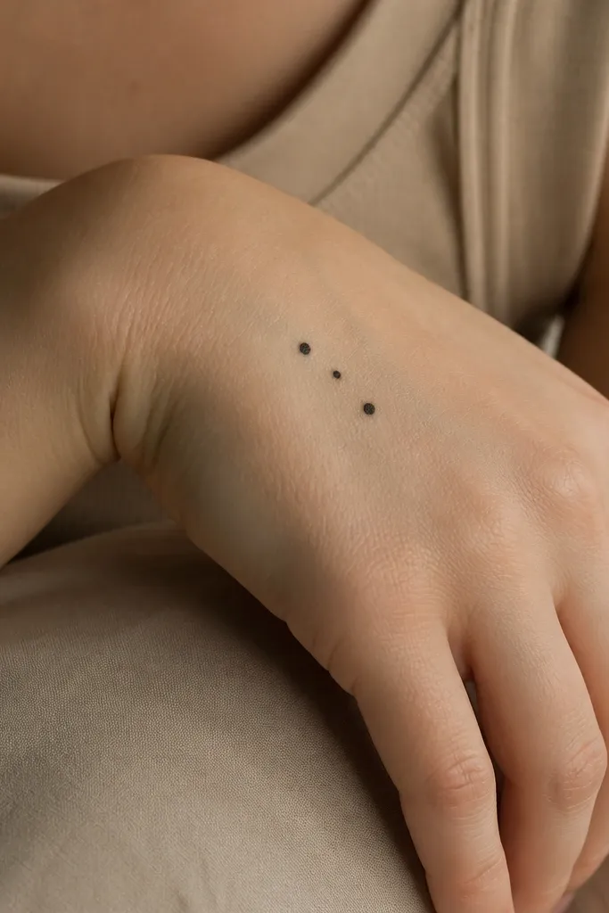 Three tiny black dots arranged like a small constellation on the back of the hand, with two dots larger and one smaller between them.