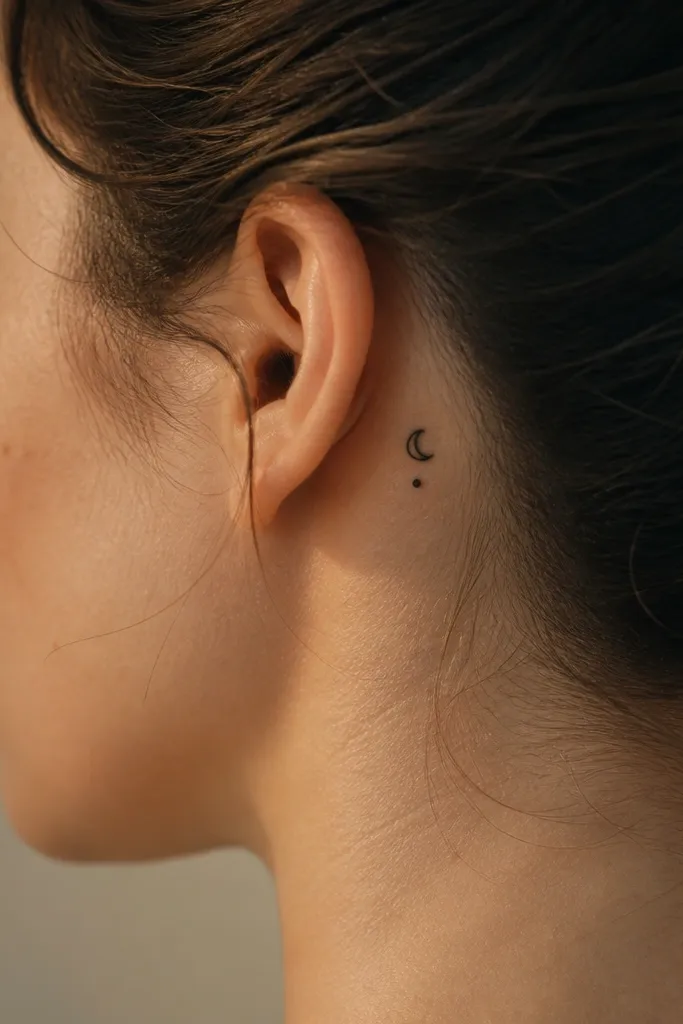 A small black crescent moon behind the ear, with a single dot positioned a few millimeters below it.